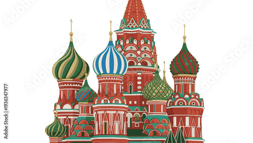 Illustration of St. Basil's Cathedral in Moscow with colorful onion domes and red walls on a white background.