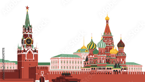 Illustration of the Kremlin in Moscow with colorful onion domes and a red brick wall on a white background.