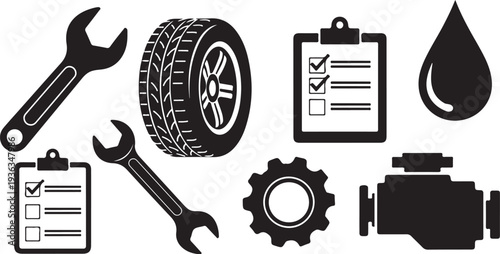 Car maintenance and repair tools and checklists icons set