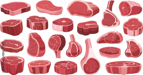 Various cuts of raw red meat on white background raw meat beef 1 steaks roasts