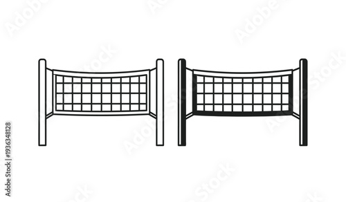 Volleyball net and posts in black and white line art styles side by side
