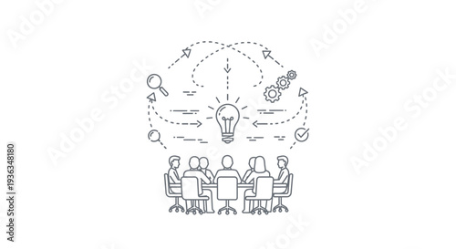 Group of diverse professionals collaborate around a central illuminated lightbulb symbolizing shared innovative ideas and brainstorming in a meeting setting.
