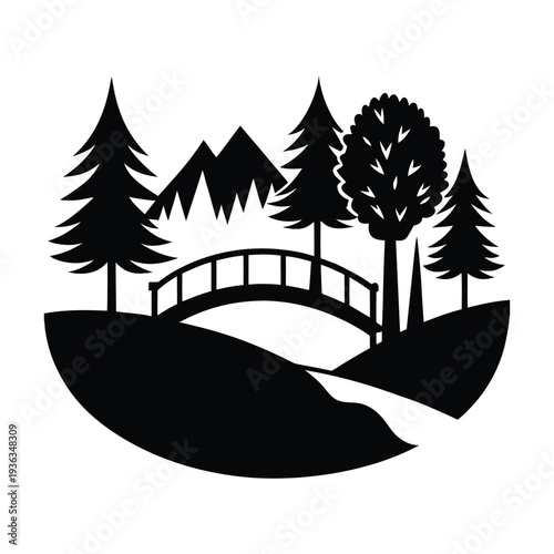 River Valley Silhouette with Trees and Wooden Bridge Vector