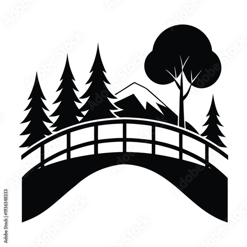River Valley Silhouette with Trees and Wooden Bridge Vector