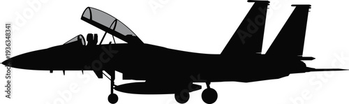 Black silhouette of twin-tail fighter jet with open canopy and pilot cockpit visible, side profile view on landing gear for military aviation defense and aircraft illustration projects.