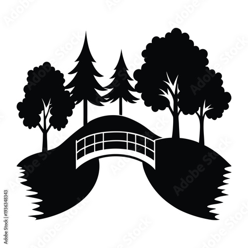 River Valley Silhouette with Trees and Wooden Bridge Vector
