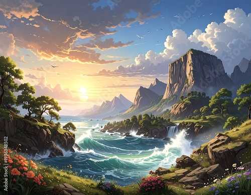 A serene landscape with a rocky coastline, mountains, and a sunset
