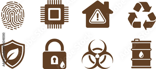 Cyber security and environmental protection icon set featuring fingerprint microchip home alert recycle shield lock biohazard and oil barrel symbols isolated vector collection