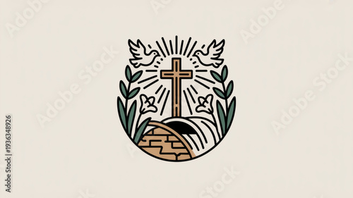 Easter cross symbol with flowers and sunburst on beige background representing hope and renewal