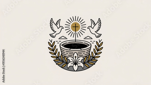 Baptismal font with doves cross and lilies symbolizing spiritual rebirth and purity in a serene sacred setting
