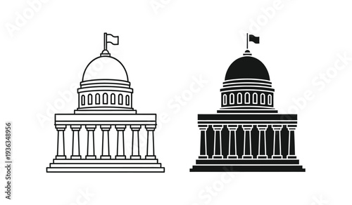 Vector illustration of two domed government buildings with flags on top in black and white line art style