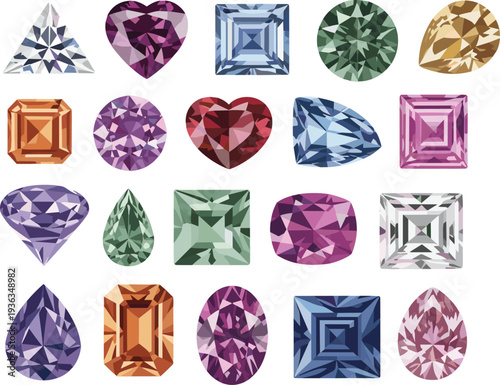 Vibrant collection of colorful gemstones diamonds sapphires emeralds rubies amethysts in various cuts shapes heart pear oval square for jewelry luxury design illustrations.