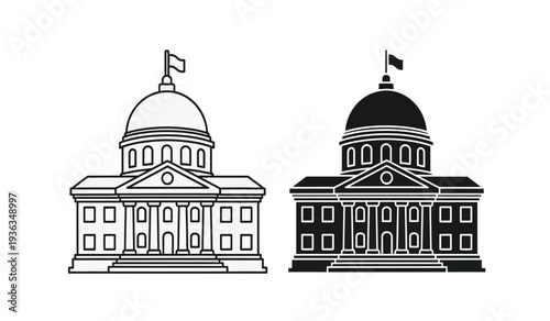 Two government buildings with domes in black and white line art