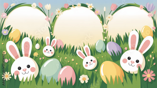 Easter bunnies and colorful eggs in grass with flowers and arches for holiday greeting cards or invitations with cheerful springtime atmosphere and cute characters