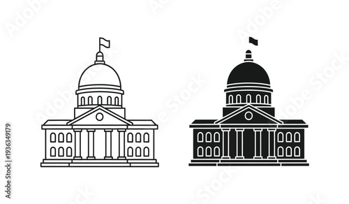 Vector illustration of two government buildings with domes in black and white