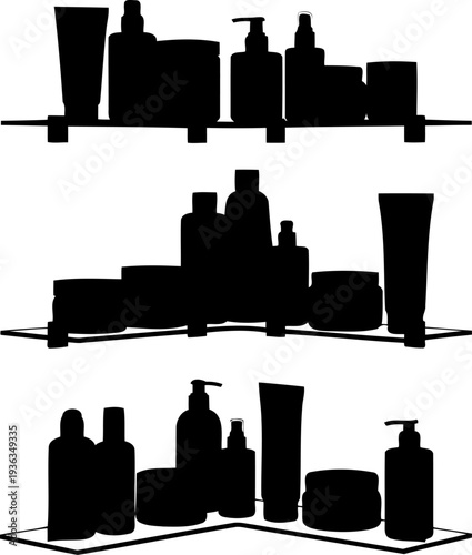 Corner glass shelves holding various beauty products and cosmetic bottles