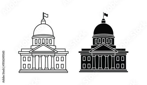 Black and white illustration of two government buildings with domes