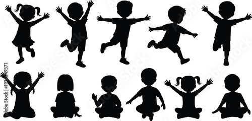 Children silhouettes collection with kids jumping playing and sitting isolated on white background representing childhood happiness playful activity and education concept
