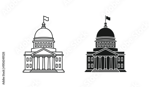 Two government buildings with domes and columns in black and white line art