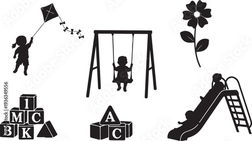 Silhouette of children playing on playground equipment outdoors happily