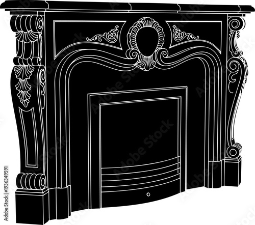 Elegant fireplace mantel silhouette showing detailed floral relief carvings