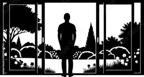 Human silhouette standing before open sliding glass doors with a garden view