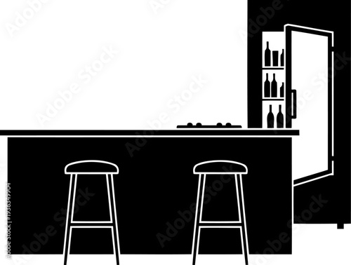 Kitchen island silhouette with bar stools and open refrigerator detail