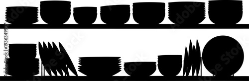 Kitchen shelving unit silhouette holding stacked ceramic plates and bowls