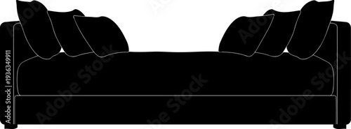 Large comfortable sofa silhouette with numerous decorative pillows