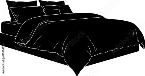 Large master bedroom bed with multiple pillows silhouette