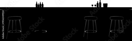 Long bar counter with tall stools and drink bottles silhouette