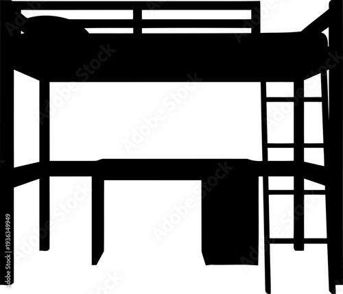 Loft bed frame integrated with study desk and ladder silhouette