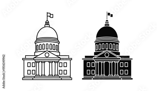 Vector illustration of two government buildings with domes in black and white