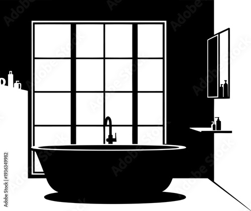Luxury bathroom silhouette featuring a freestanding bathtub and large window
