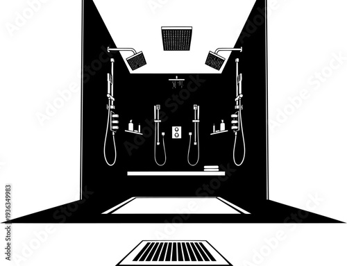 Luxurious walk-in shower system silhouette with multiple showerheads
