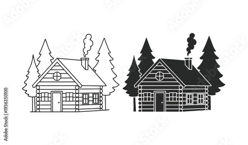 Two black and white line drawings of houses with trees and smoke from chimneys in a simple style