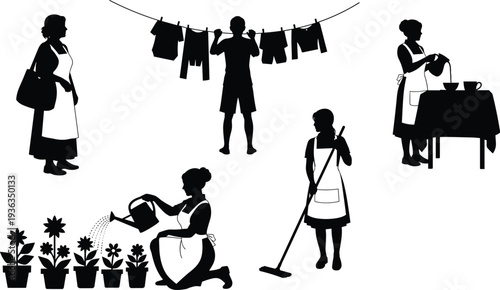 Household chores silhouettes collection, women performing cleaning, laundry, cooking and gardening tasks isolated on white background illustration set