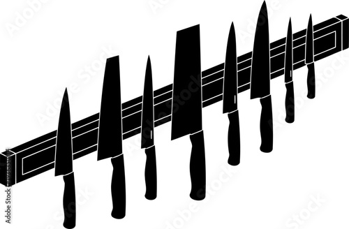 Magnetic kitchen knife strip holding various chef blades