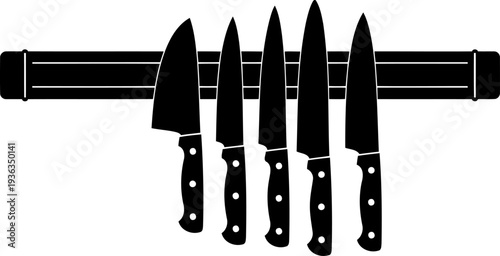 Magnetic knife strip with kitchen knives silhouette