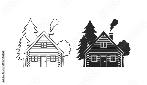 Black and white illustration of two houses with smoke coming out of the chimneys and trees in the background