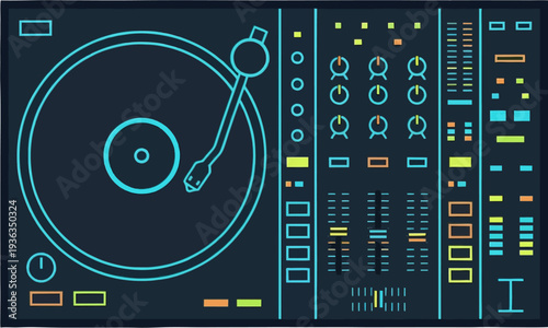 Neon Glow Line Art DJ Turntable and Mixer with Vinyl Record, Sliders, Faders and Glowing Controls Outline Vector Illustration