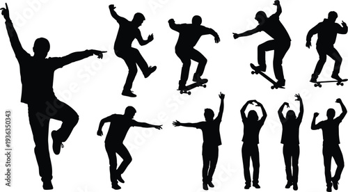 Dynamic skateboarder silhouettes collection, urban skateboarding tricks action poses isolated on white background, extreme sports lifestyle illustration set
