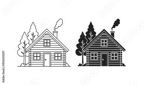 Black and white illustration of two houses with trees and smoke from chimneys in a simple line drawing style