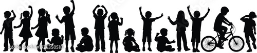 Children silhouettes collection with playful kids jumping dancing sitting cycling and posing isolated black vector illustration set