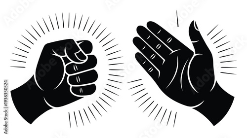 Black and White Illustration of Rock Paper Scissors Hands with Sunbursts