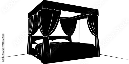 Romantic four-poster canopy bed silhouette with curtains