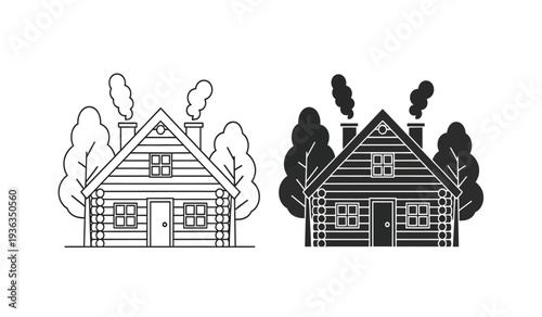 Black and white illustration of two houses with trees and smoke coming out of chimneys on a pure