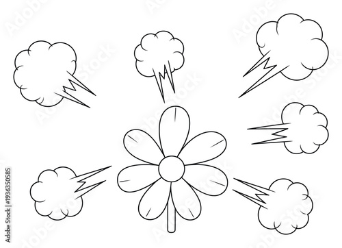 Cartoon flower with wind gusts, black and white line art