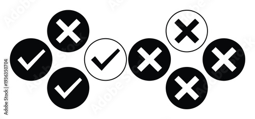 Collection of Checkmarks and Crosses in Circles: Yes or No Decision Symbols