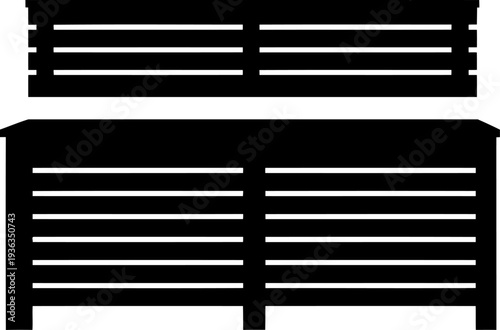 Slatted wooden bench silhouette featuring a matching wall-mounted backrest